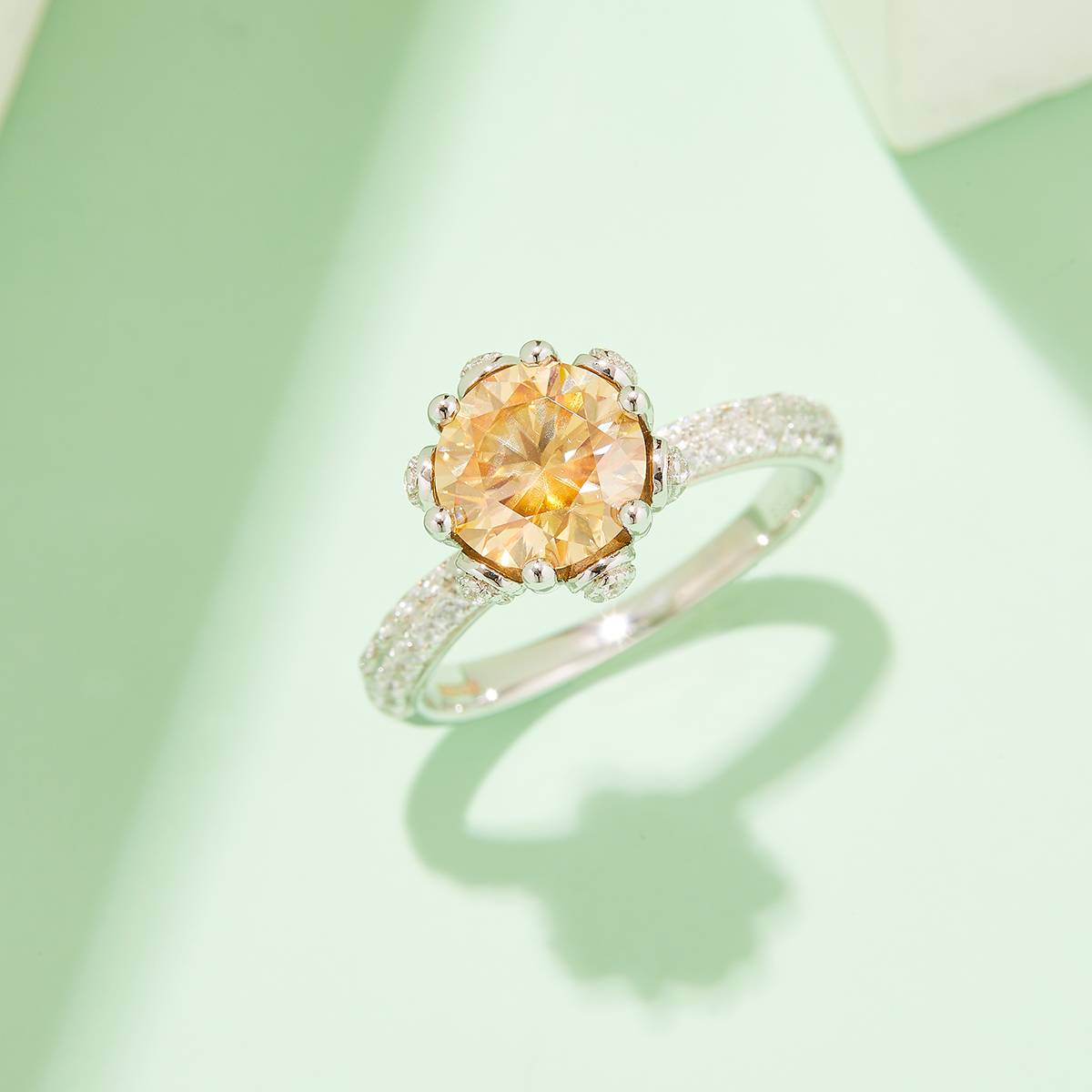 Straight arm luxury floral god S925 silver plated platinum moissanite diamond women's ring 2.0 carats D-class